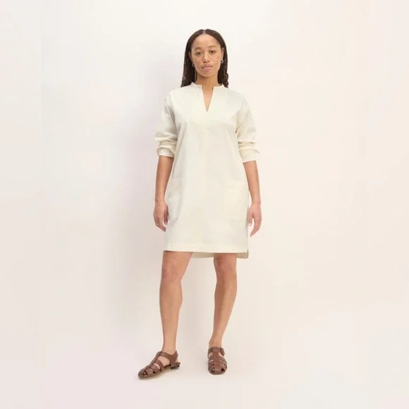 🎀 NWT EVERLANE organic cotton The Long-Sleeve Utility Mini Dress XS in bone - Picture 3 of 16